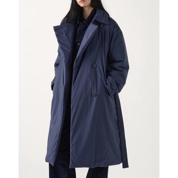 Uniqlo Down Belted Long Trench Coat in Navy Blue - Picture 1 of 14